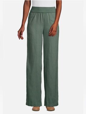 Lands' End High Rise Pull-On Wide Leg 100% Linen Pants Olive Green Sz 14P
